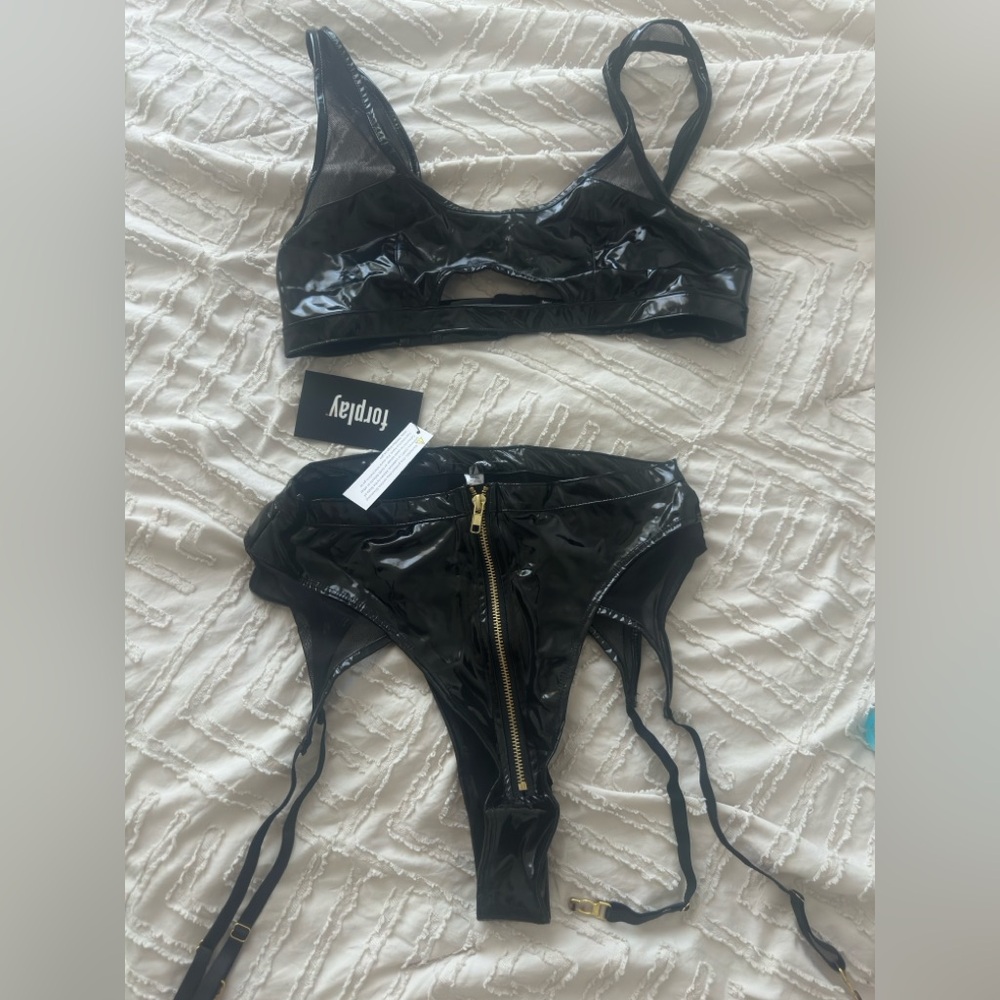 Forplay black vinyl pvc faux leather lingerie set